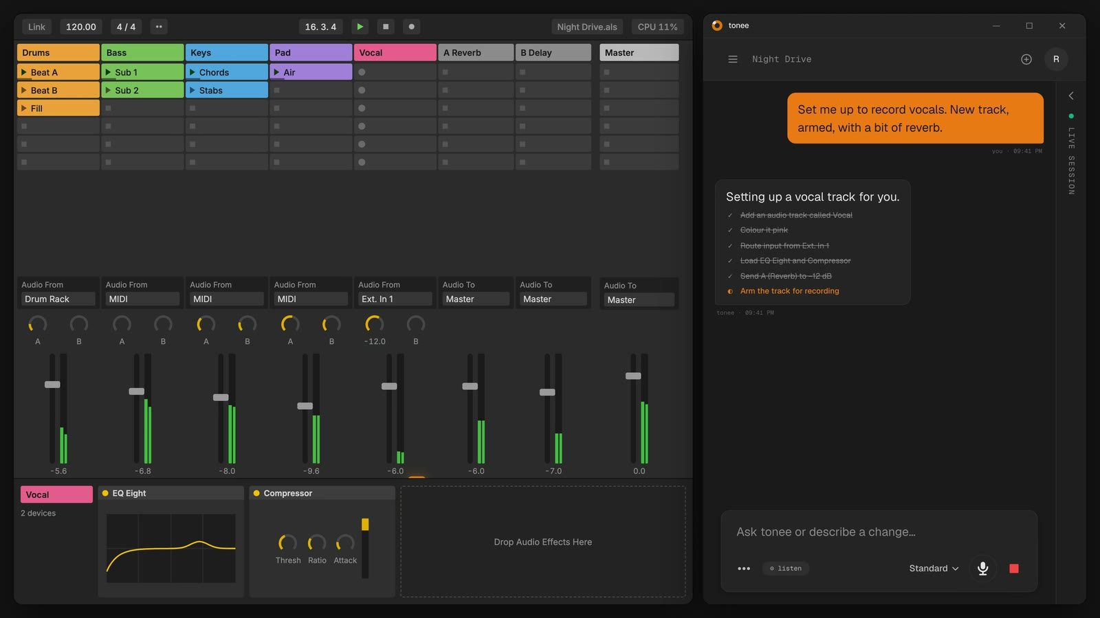 The tonee window beside an Ableton Live set, ticking off a checklist as it adds an armed Vocal track with EQ Eight, a compressor and a reverb send.
