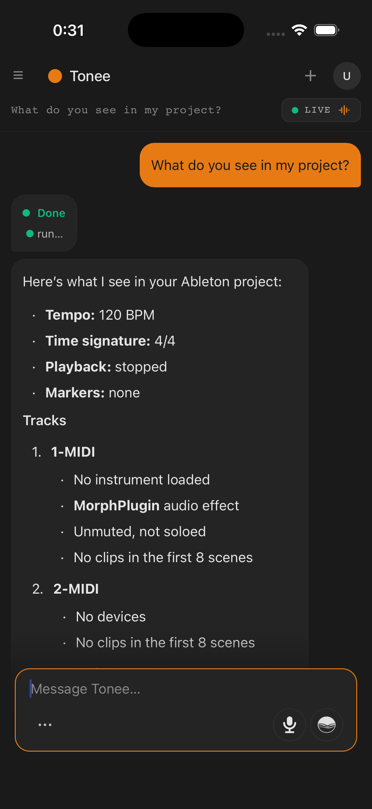 The tonee chat screen on an iPhone, mid-reply, with a tool call running.
