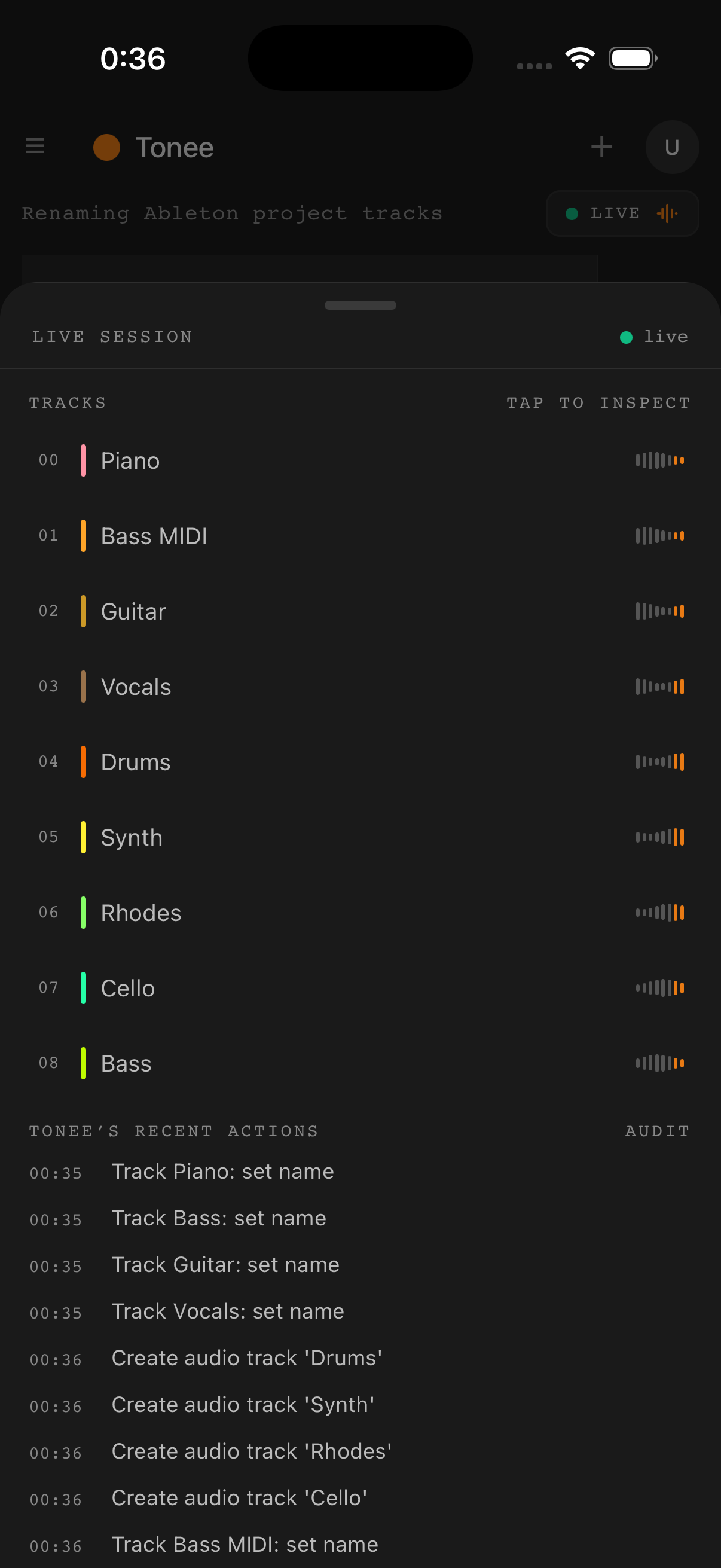 The live session sheet on iPhone: track list, audio engine load, and a log of committed changes.