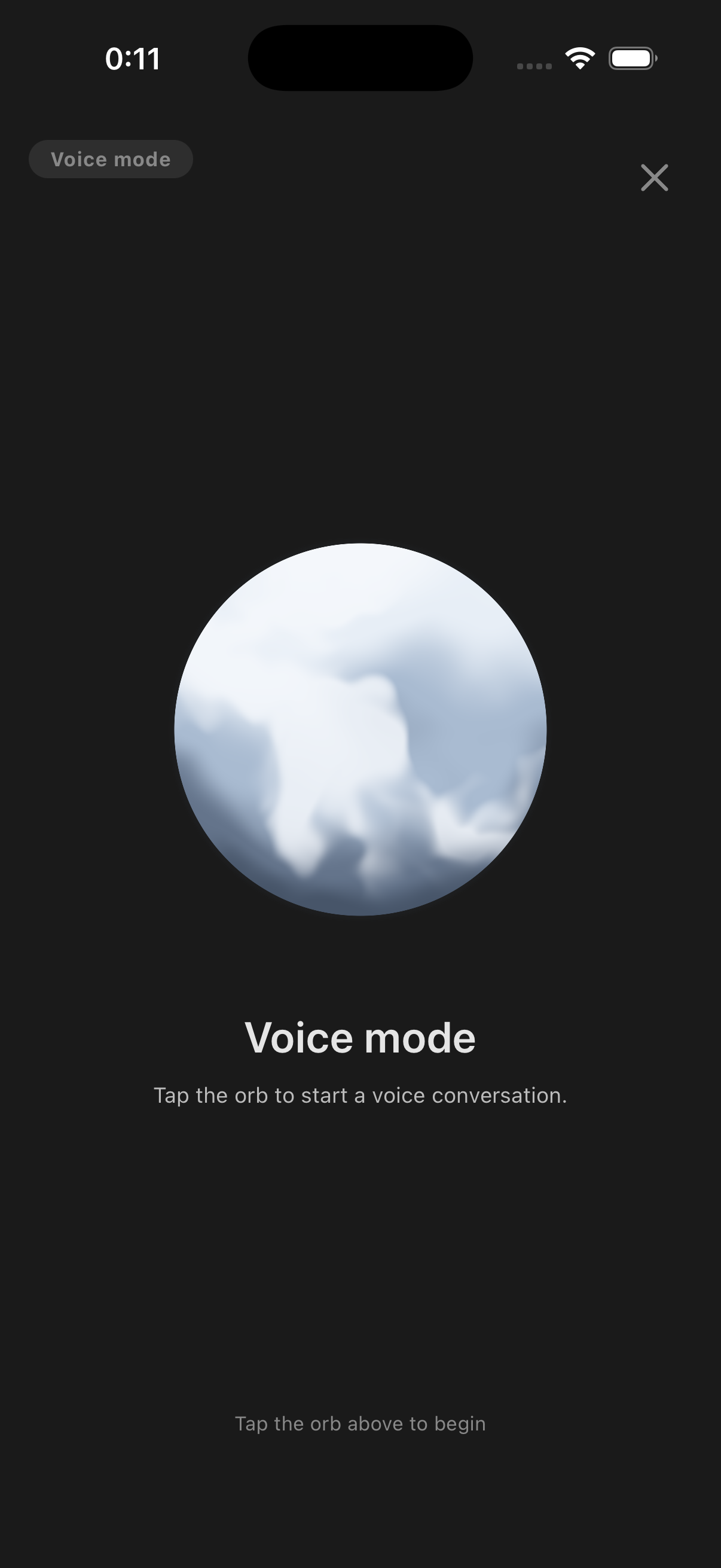 Voice mode on iPhone: a full-screen orb showing the listening state.